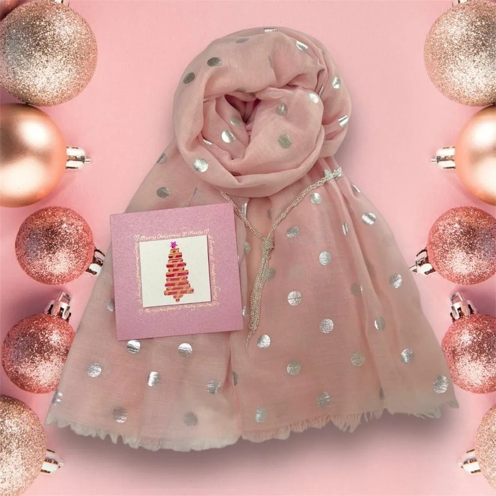 🎁 Gift Pack - Soft Pink Dot Scarf - Silver Necklet  Card