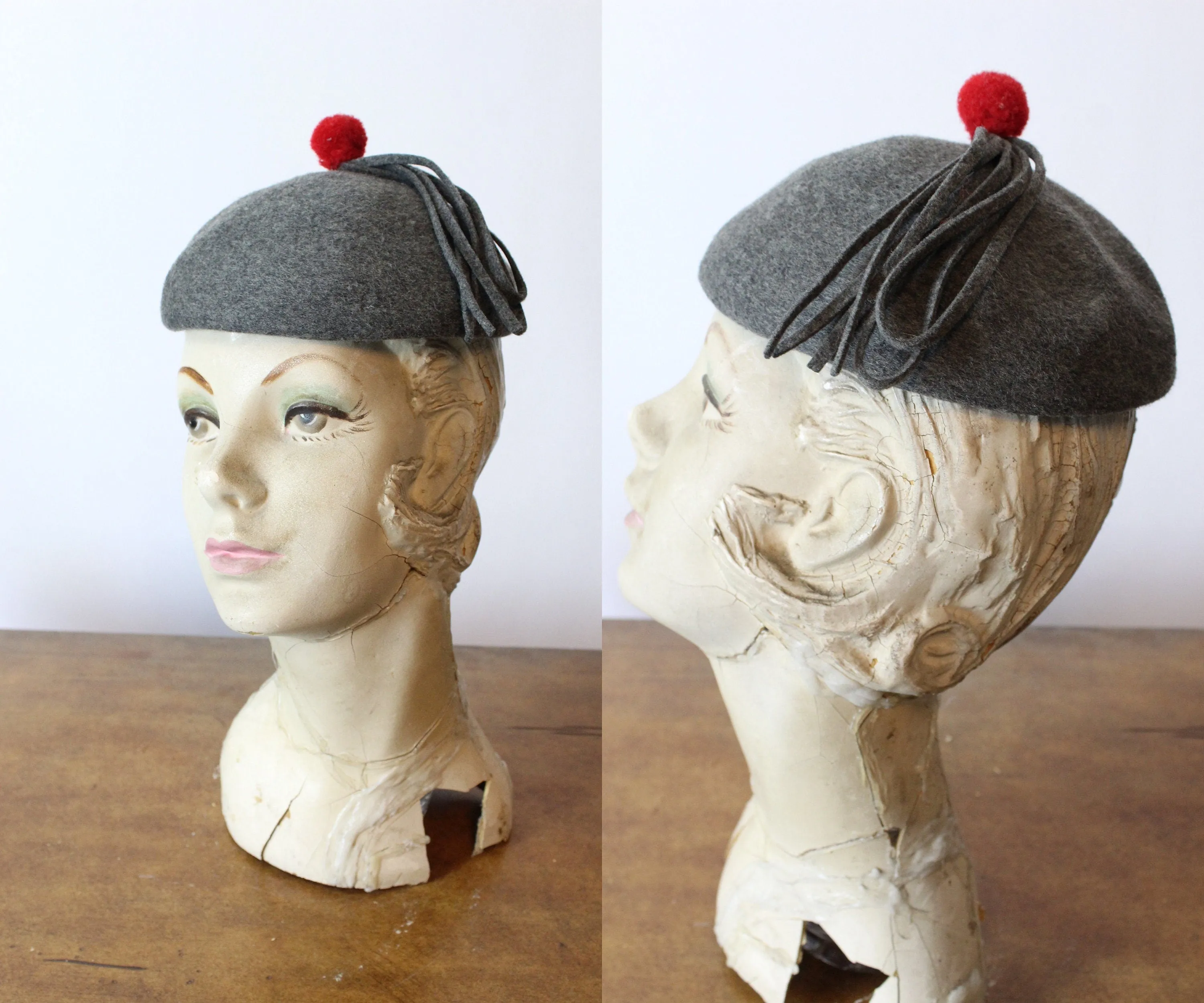 1950s GRAY red pom pom hat beret | new fall