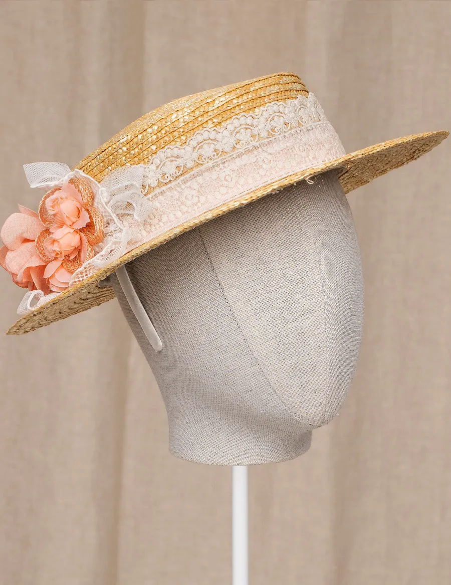 Abel & Lula Straw Flower Boater Hat - Salmon