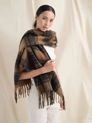 Alya Plaid Fluffy Scarf Brown