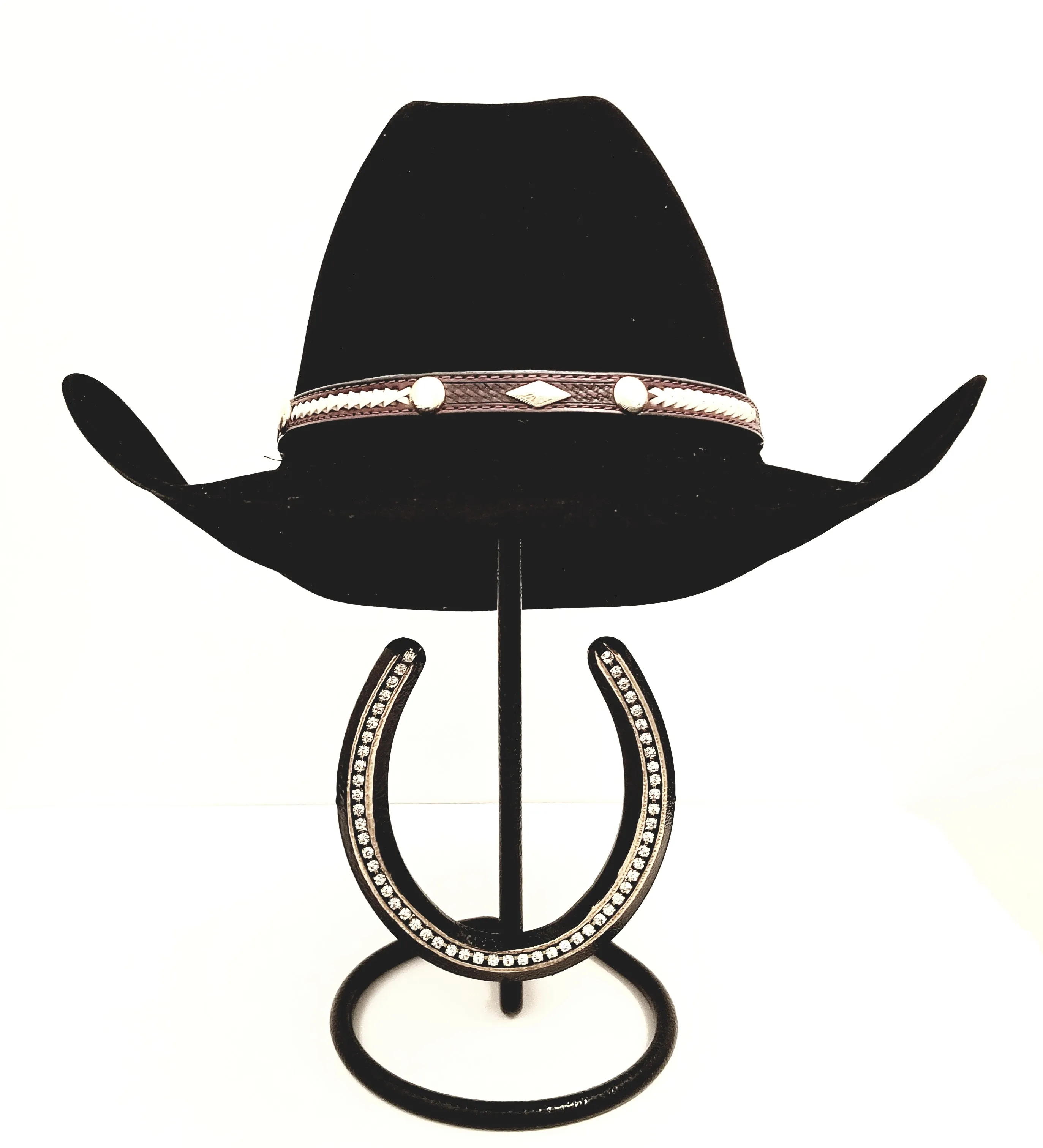 American Made Cowboy Hat Stand with Genuine Rhinestone Horse Shoe Black