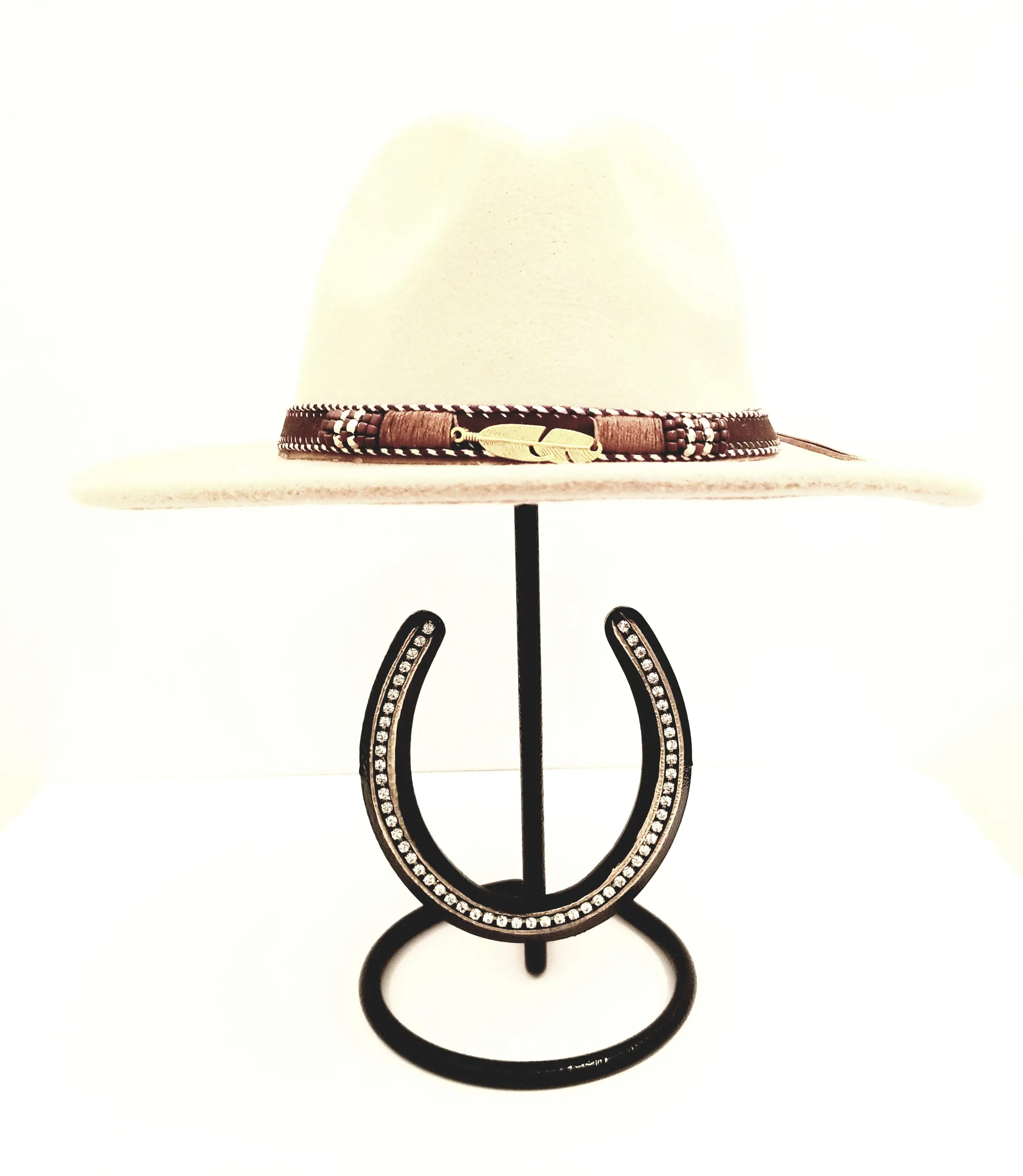 American Made Cowboy Hat Stand with Genuine Rhinestone Horse Shoe Black