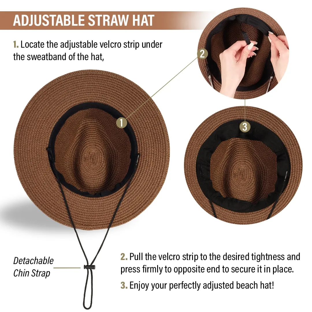 Beach Hats for Women - Panama Straw Sun Hat with Heart Shape Glasses - Summer Fedora Packable Travel Hat UV Protection UPF 50  (Brown) - FUNCREDIBLE