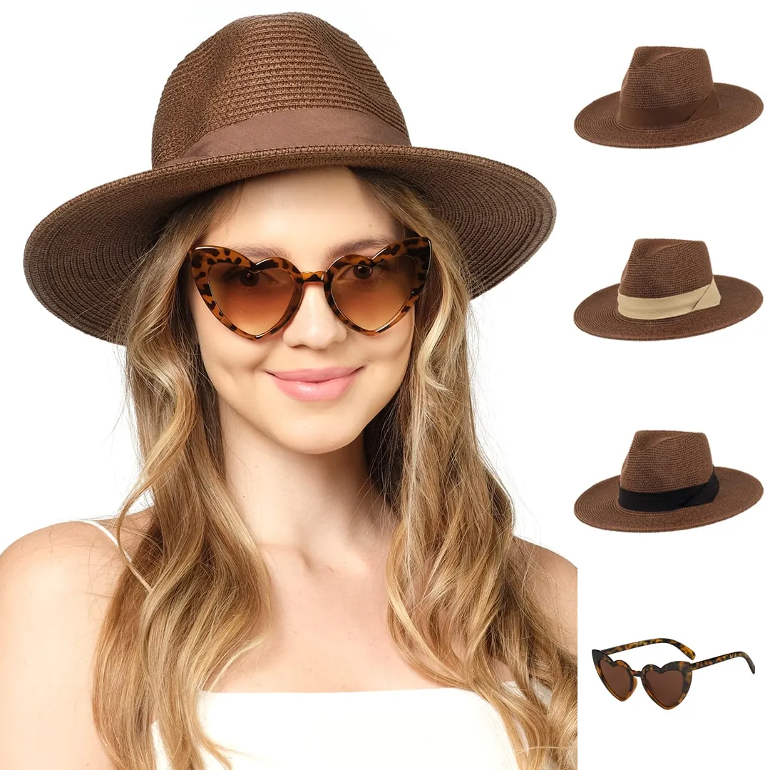 Beach Hats for Women - Panama Straw Sun Hat with Heart Shape Glasses - Summer Fedora Packable Travel Hat UV Protection UPF 50  (Brown) - FUNCREDIBLE