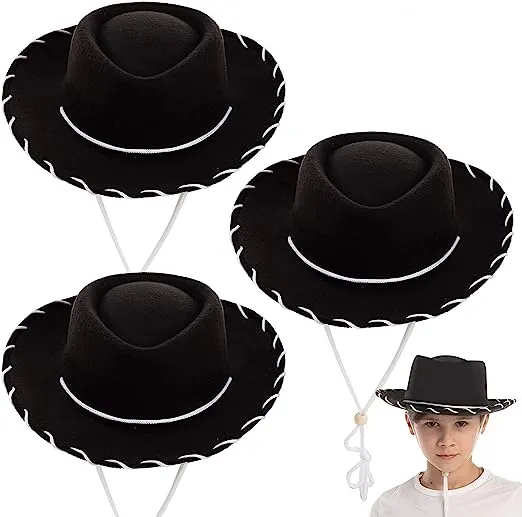 Black Felt Cowboy Hats for Kids Cosplay, 3 Pack