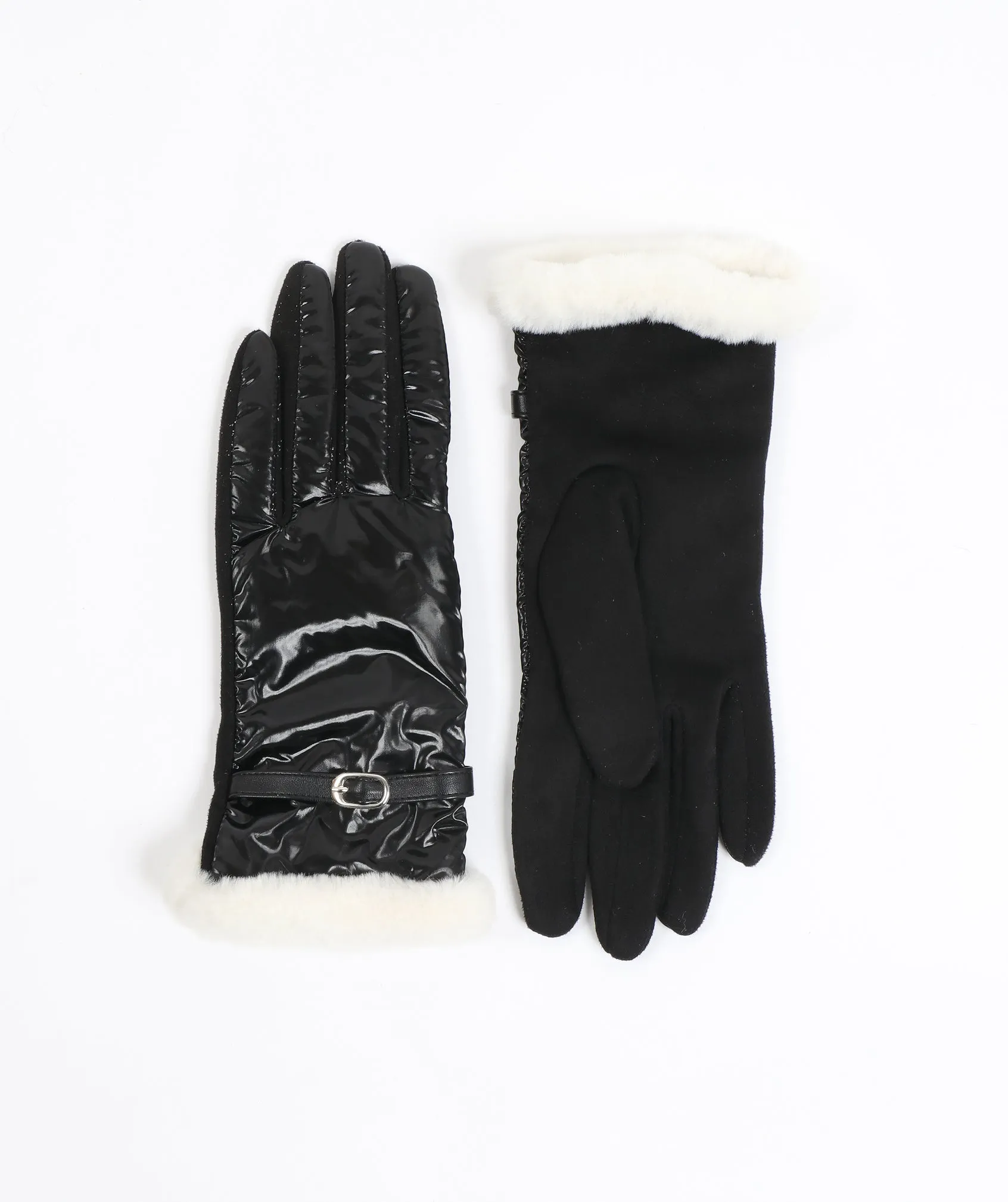 Black Metallic Look Gloves with Faux Sheepskin Cuff