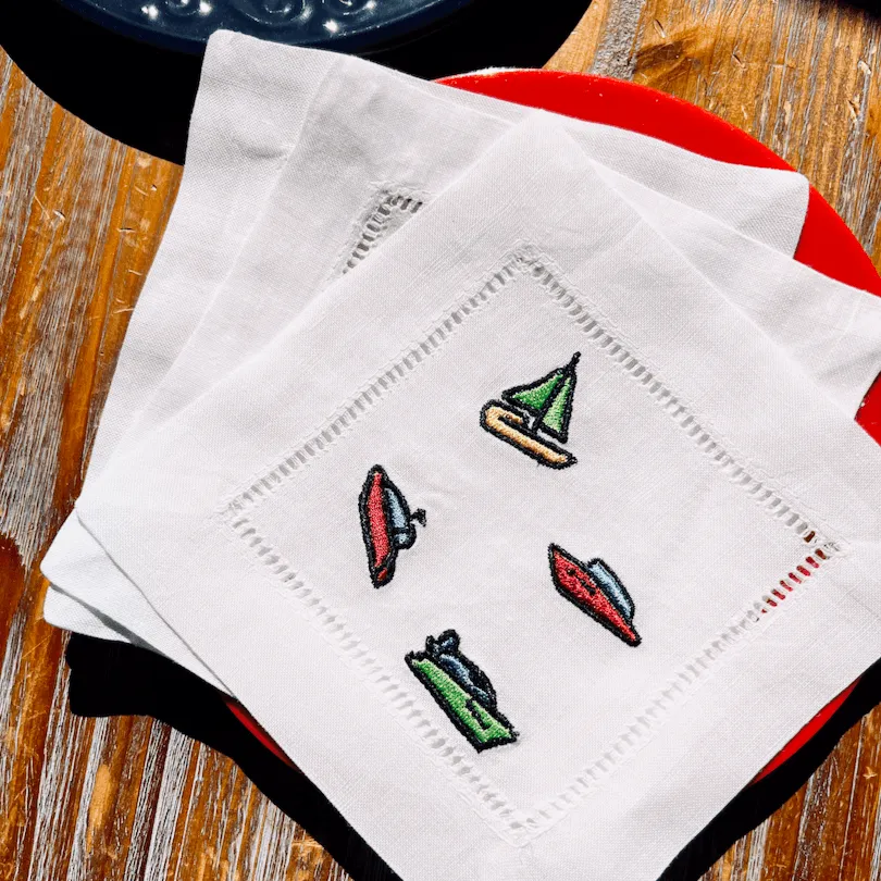 Boats Cloth Cocktail Napkins, Set of 4, Sailing / Motorboat Linen Cocktail Napkins