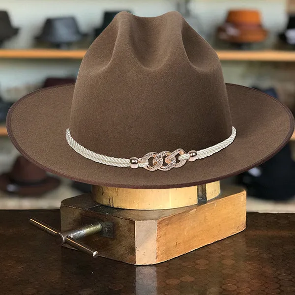 Classic Wide-Brim Brown Cowboy Hat with Elegant Silver Rope Band and Buckle