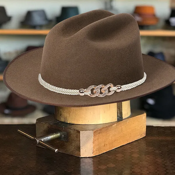 Classic Wide-Brim Brown Cowboy Hat with Elegant Silver Rope Band and Buckle