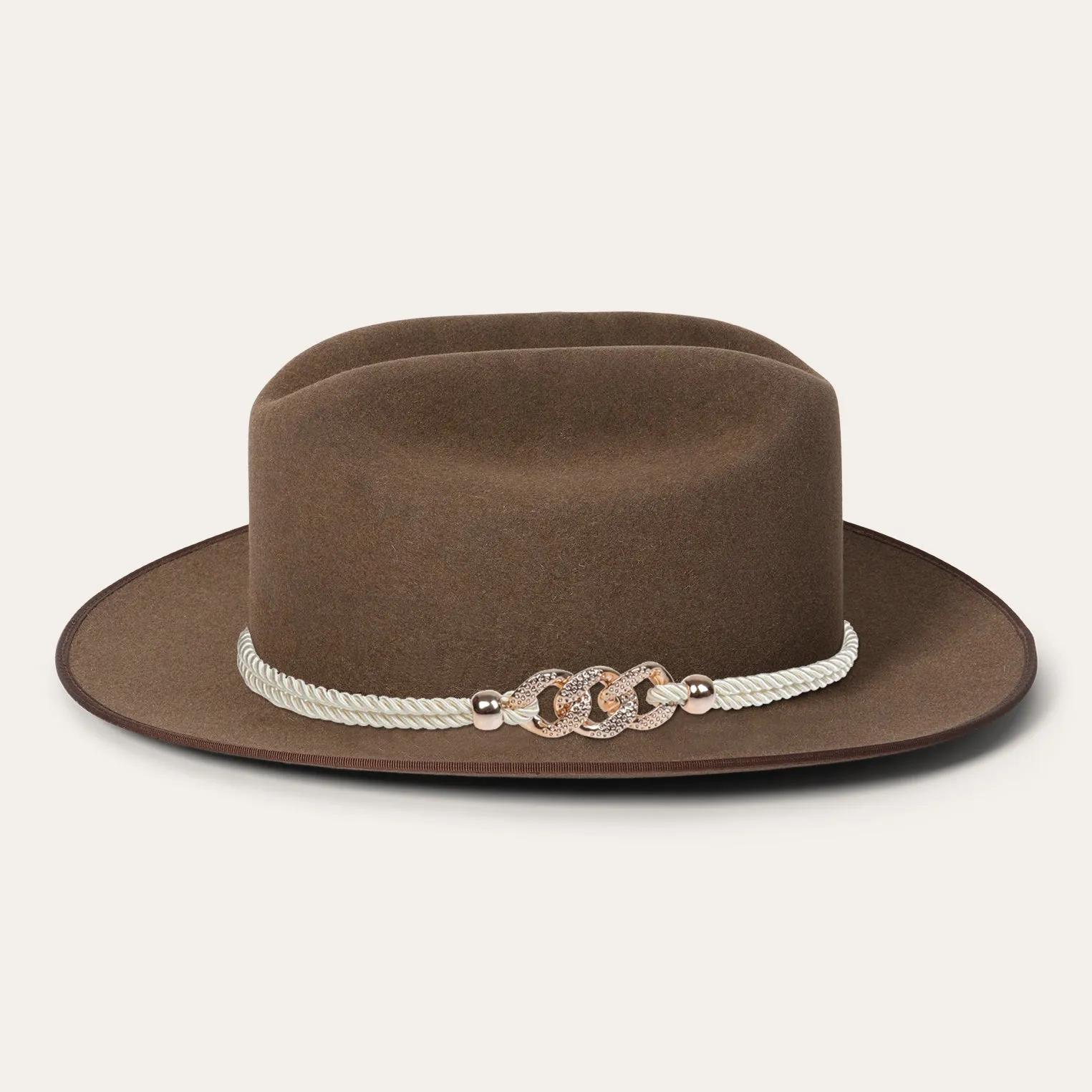 Classic Wide-Brim Brown Cowboy Hat with Elegant Silver Rope Band and Buckle