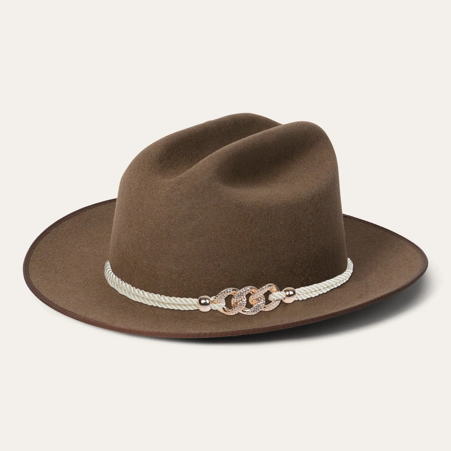 Classic Wide-Brim Brown Cowboy Hat with Elegant Silver Rope Band and Buckle