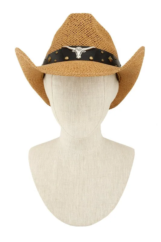 Cow Buckle and Cowboy Style Beaded Straw Hat