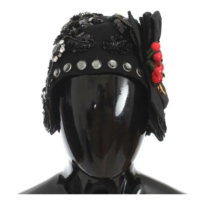 Dolce & Gabbana Elegant Black Crystal-Adorned Cloche Hat