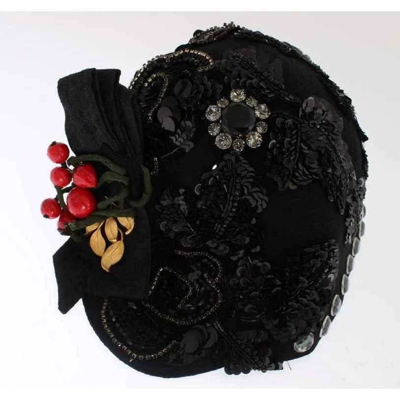 Dolce & Gabbana Elegant Black Crystal-Adorned Cloche Hat