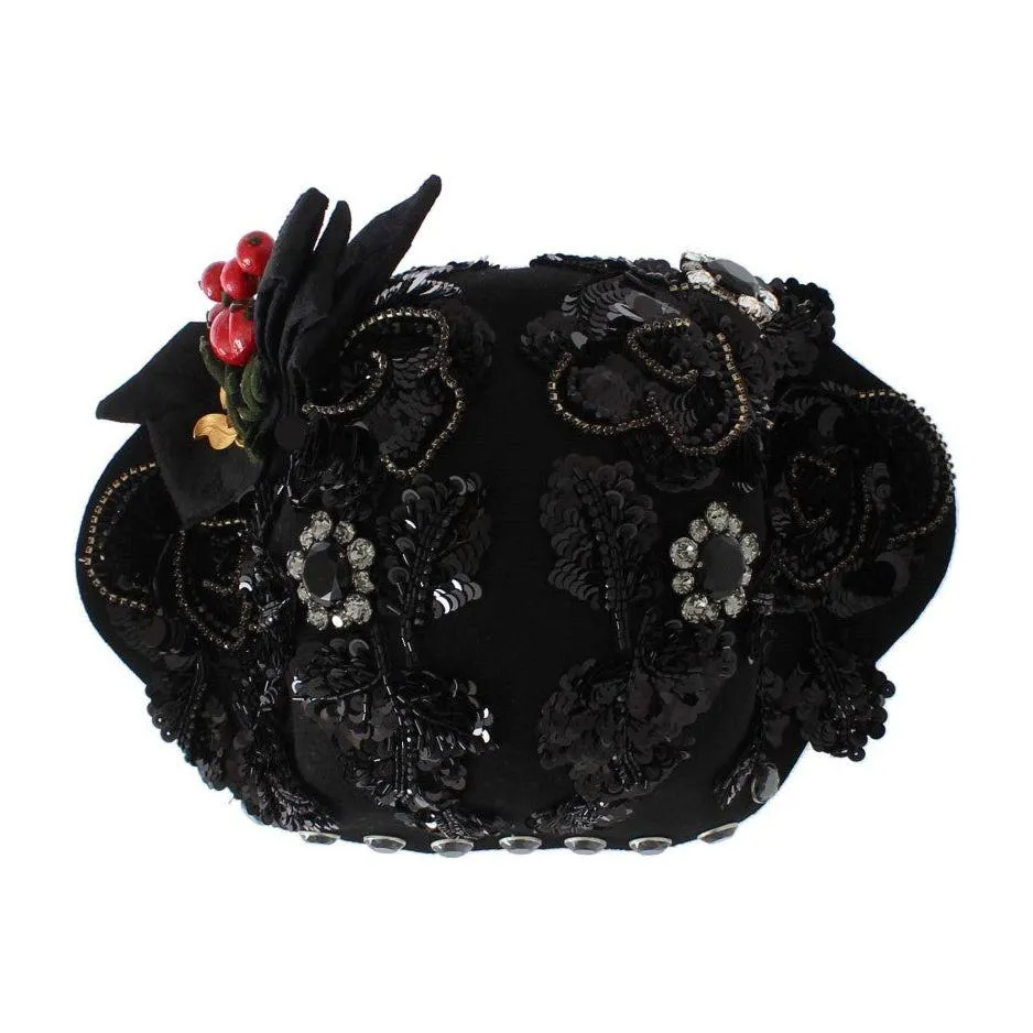 Dolce & Gabbana Elegant Black Crystal-Adorned Cloche Hat