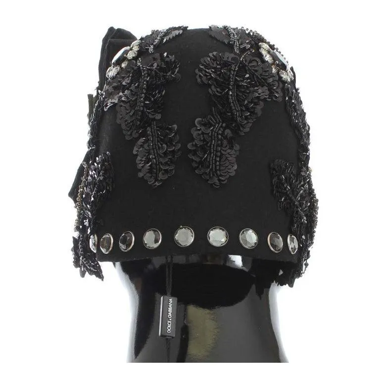 Dolce & Gabbana Elegant Black Crystal-Adorned Cloche Hat