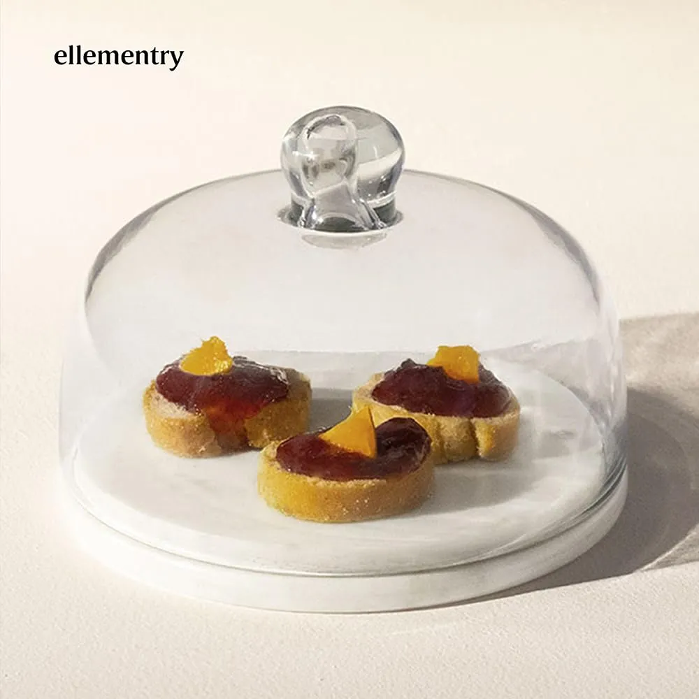 Ellementry Baker'S Glass & Marble Cloche|Cake Stand with Dome|Cupcake & Pastry Stand |Glass Dome for Home Kitchen Baking | Functional Cake Container & Serving Platter| Serving Cake Plate with Dome Lid