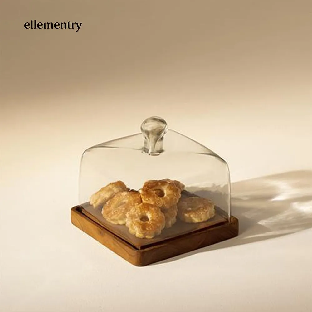 Ellementry Cake Square Glass Cloche | Cake, Cupcake & Pastry Stand | Glass Dome for Home Kitchen Baking | Dessert Dome | Functional Cake Container & Serving Platter