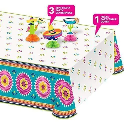 Fiesta Table Decorations - Plastic Tablecover and Mini Tissue Centerpieces for Cinco De Mayo, Taco Parties, and Mexican Fiestas (4 Piece Set)