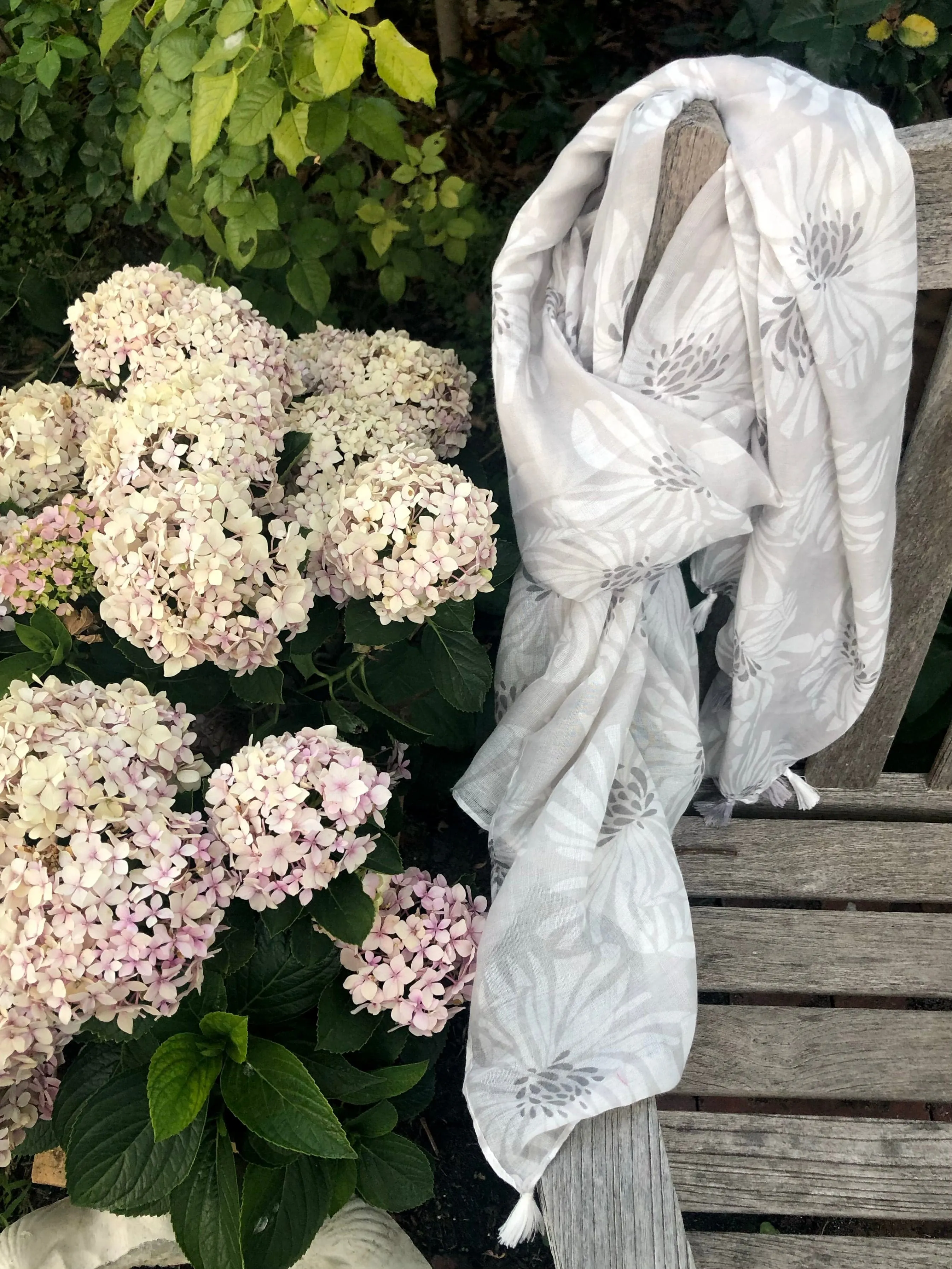 Floral Scarf - Silver Grey with Tassels