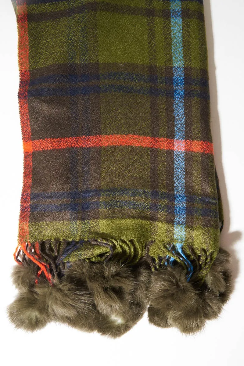 Green Orange Blue Tartan Pom-Pom Scarf - Aayat