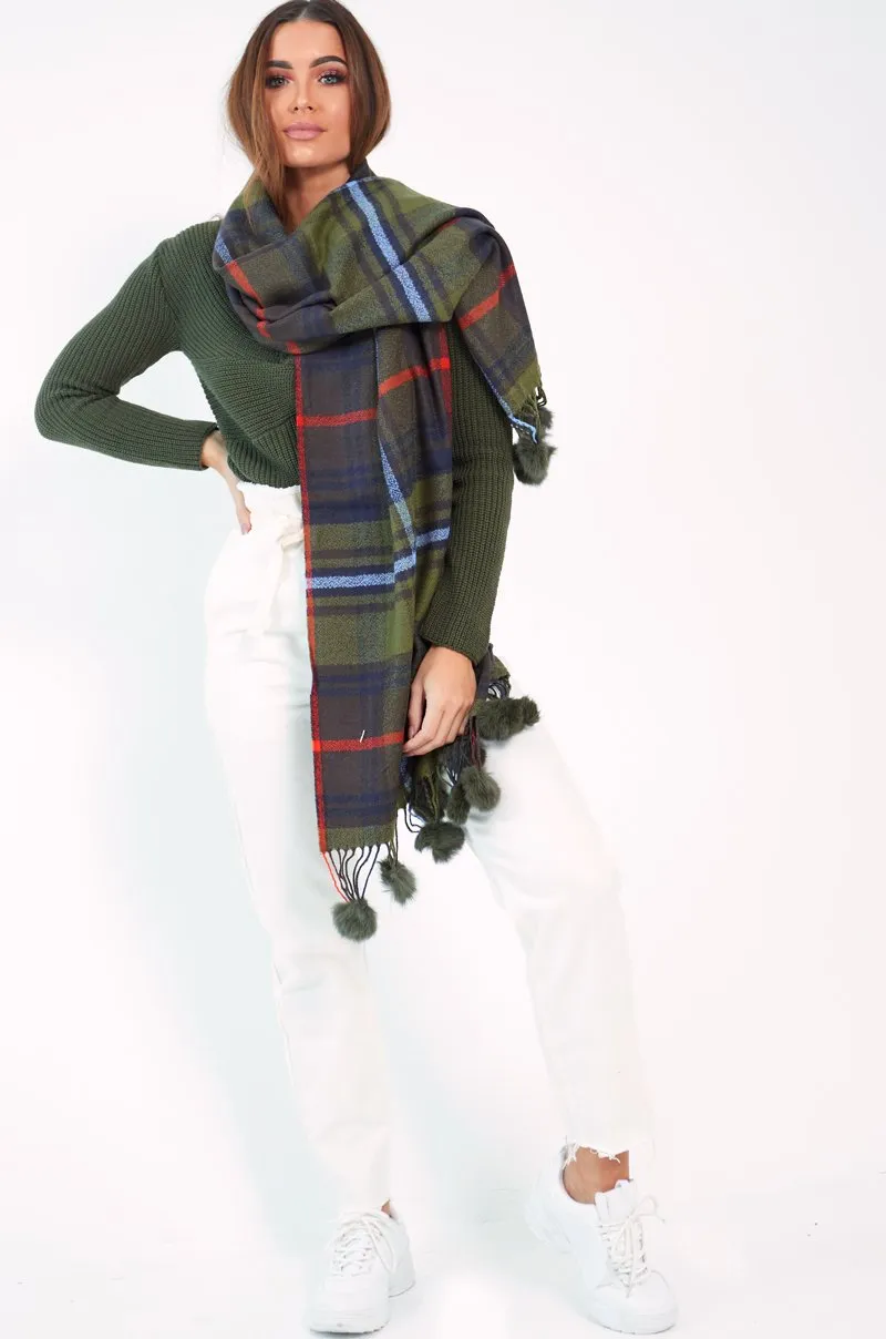 Green Orange Blue Tartan Pom-Pom Scarf - Aayat