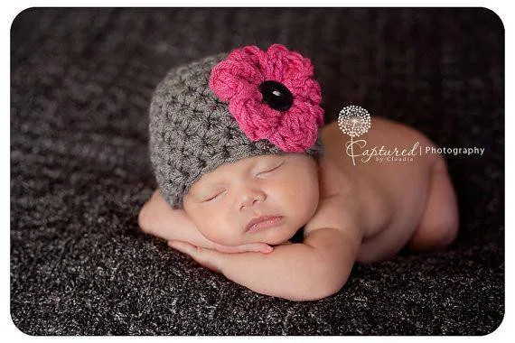 Grey Newborn Pink Flower Hat