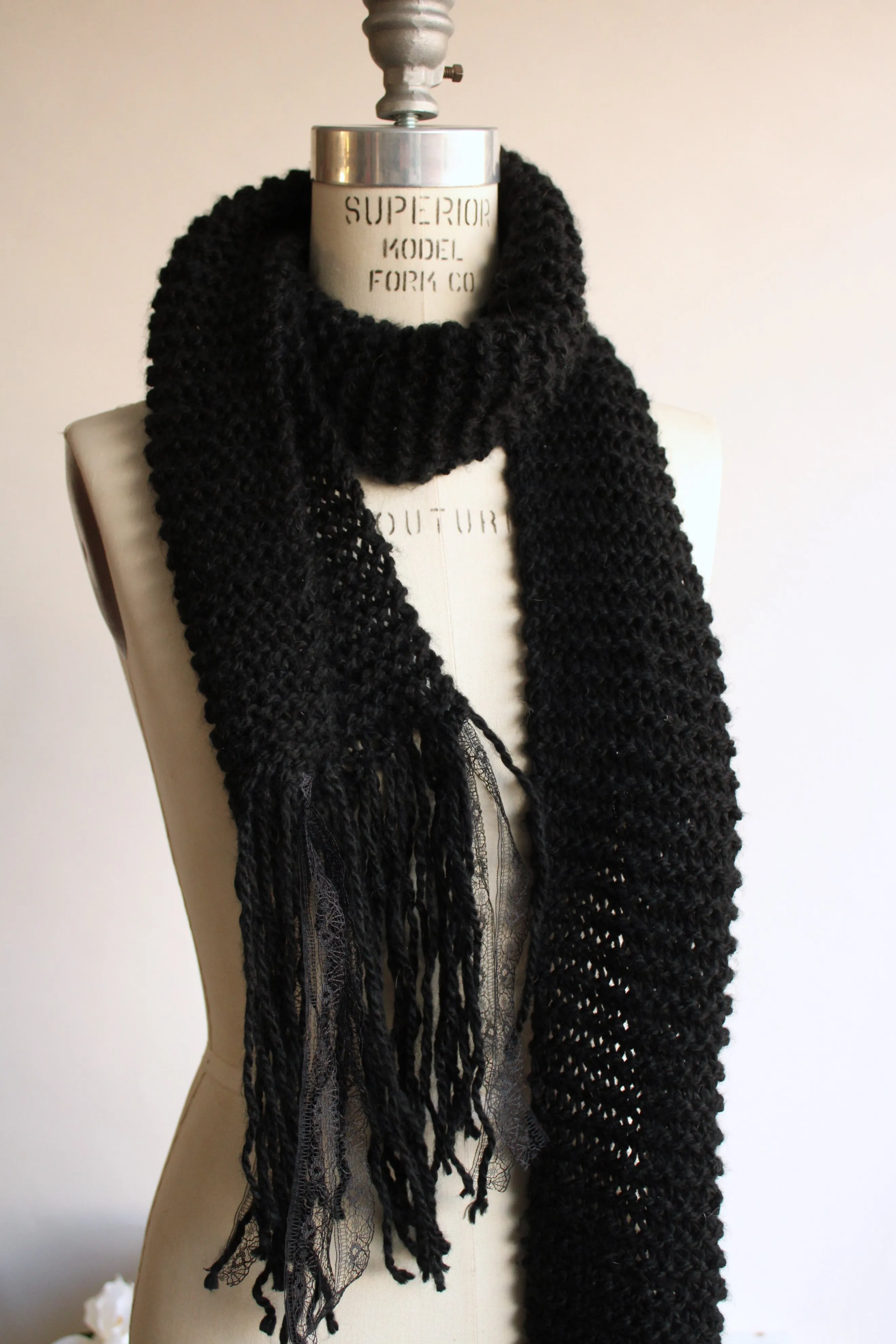 Handknit "The Peculiar" Black HandKnit  Scarf With Lace Fringe