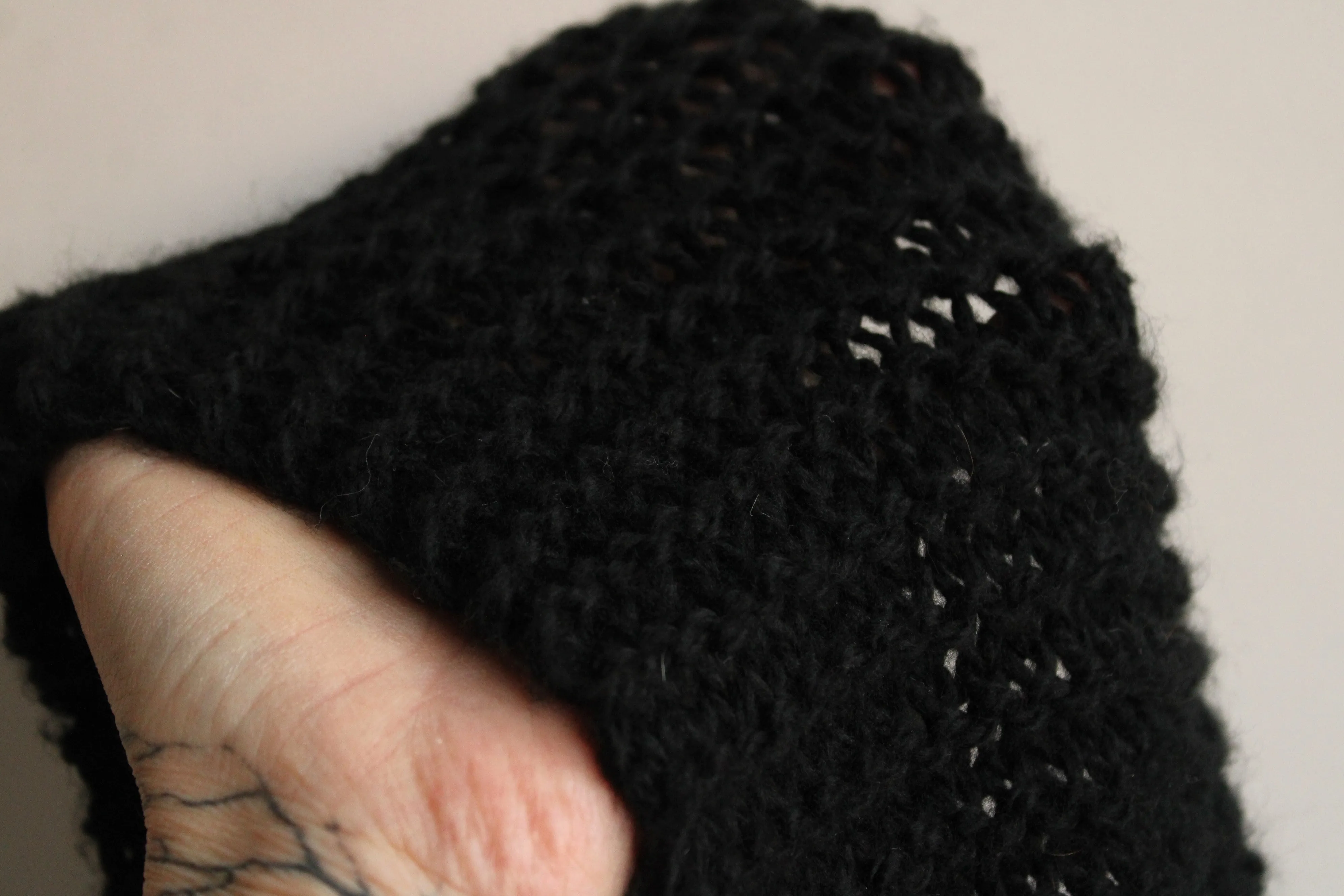 Handknit "The Peculiar" Black HandKnit  Scarf With Lace Fringe