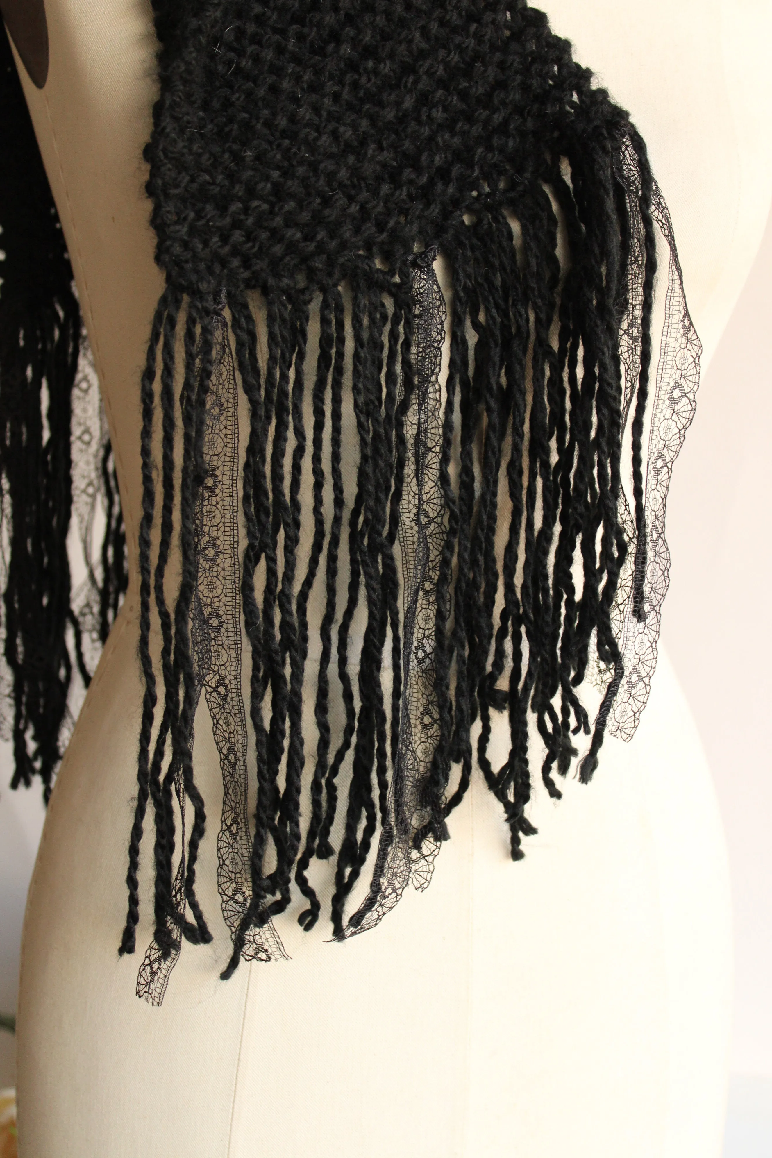 Handknit "The Peculiar" Black HandKnit  Scarf With Lace Fringe