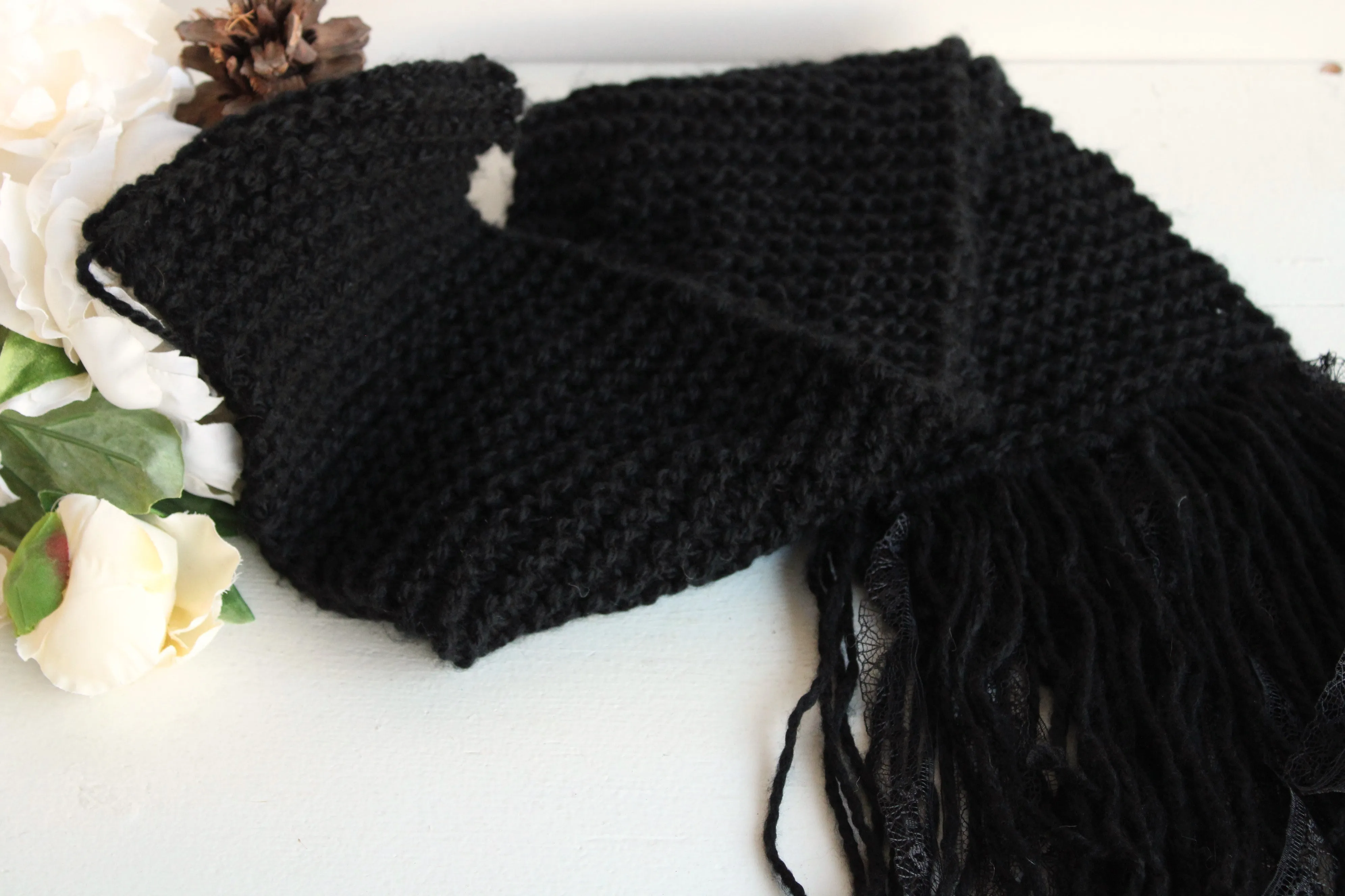 Handknit "The Peculiar" Black HandKnit  Scarf With Lace Fringe