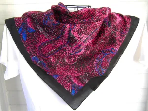 Italian Scarf 1980s Dark Stylized Foliage 30 Inch Square Pink Blue Black Liz Sinclair