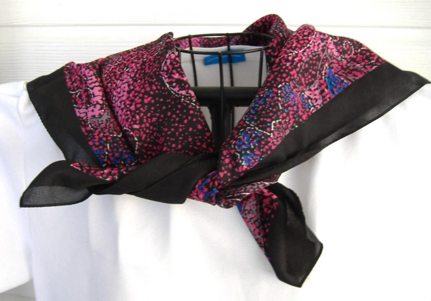 Italian Scarf 1980s Dark Stylized Foliage 30 Inch Square Pink Blue Black Liz Sinclair