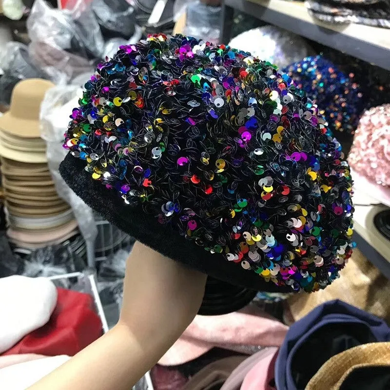 Jazz Glitter Sequin Encrusted Outdoor Winter Beret Hats