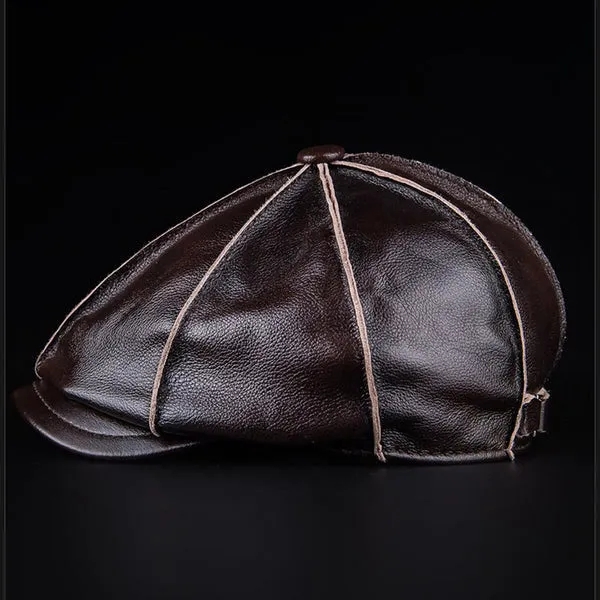 Literary Octagonal Genuine Leather Beret Cap