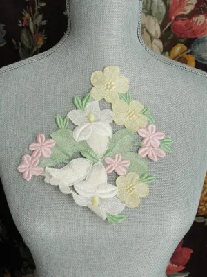 LOVELY Intricate Heavily Embroidered Vintage APPLIQUE Pink Yellow White Flowers Corsage Large Trim Hats,Wedding Bridal Flapper Clothing