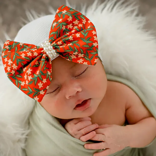 Mistletoe Floral Bow with Pearl Center on White Newborn girl hospital hat for Christmas babies