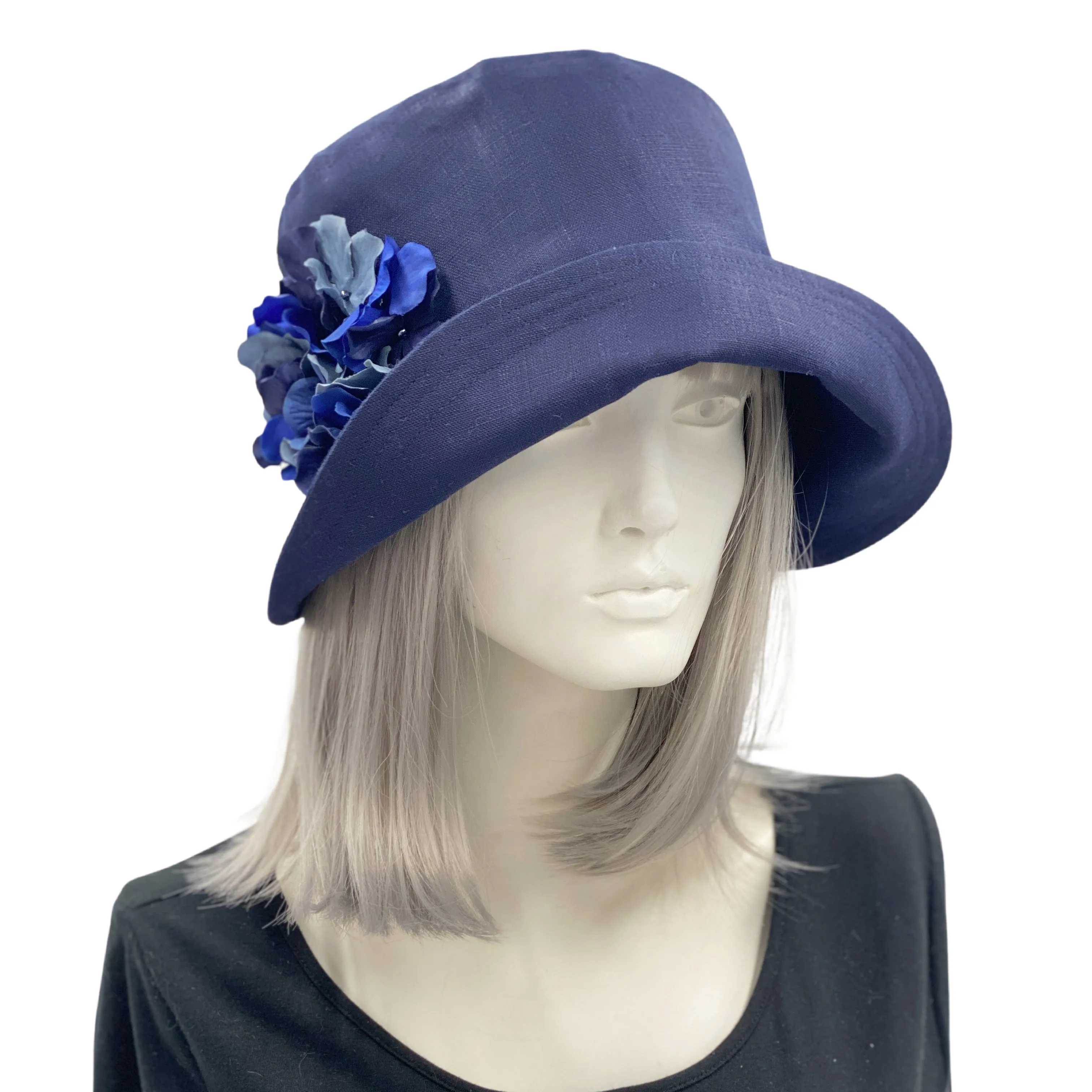 Navy Blue Linen Cloche Hat with Hydrangea Accessory | The Eleanor