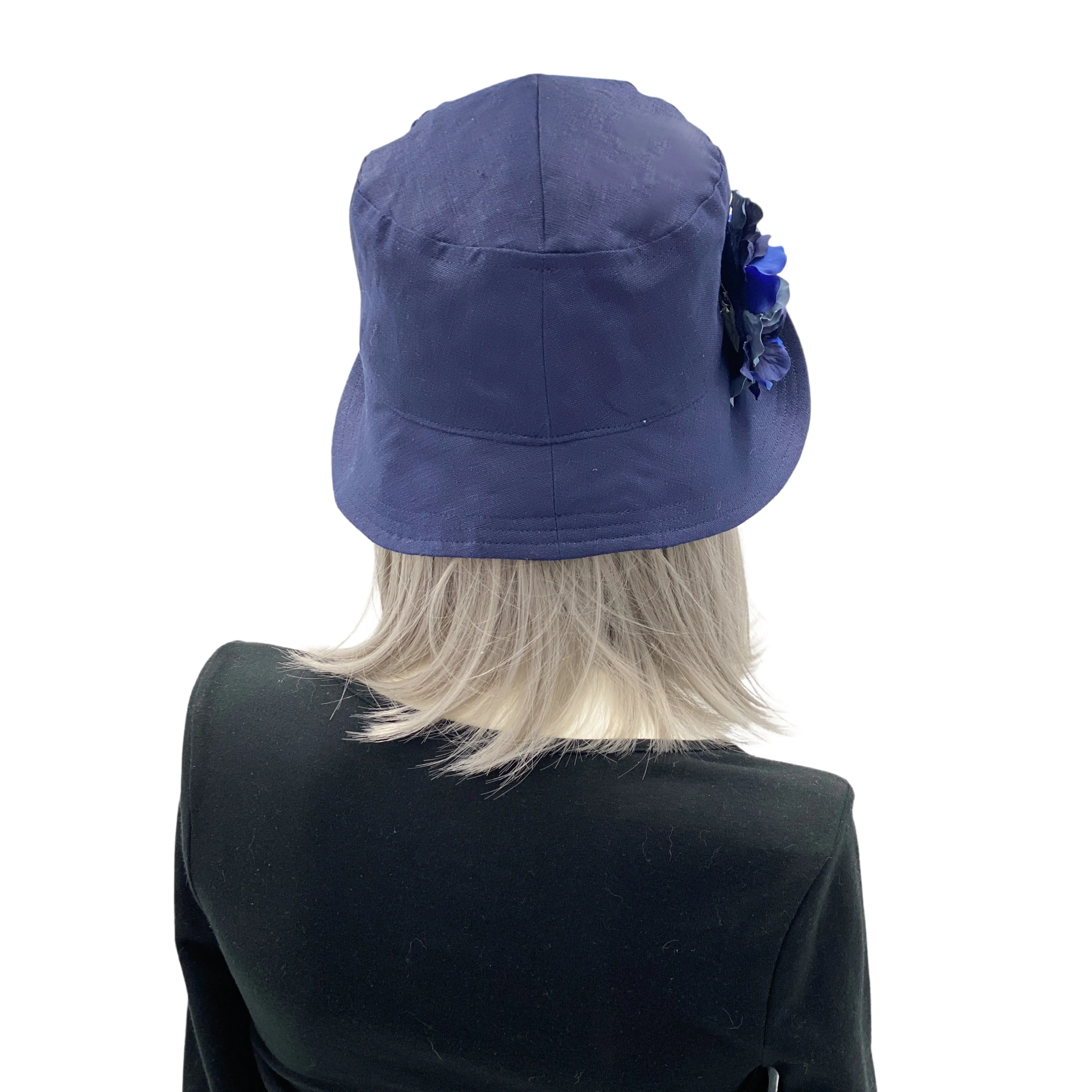 Navy Blue Linen Cloche Hat with Hydrangea Accessory | The Eleanor