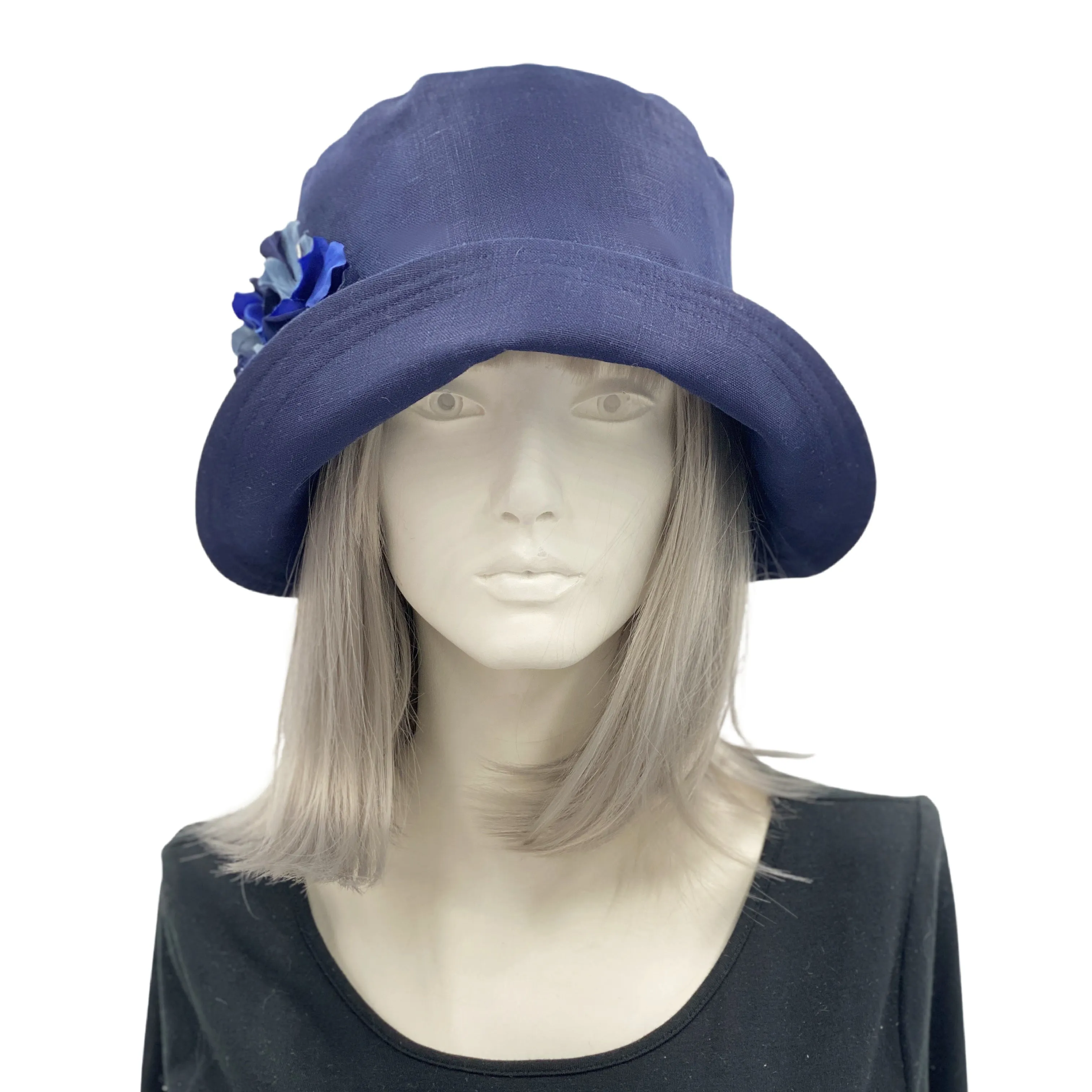 Navy Blue Linen Cloche Hat with Hydrangea Accessory | The Eleanor