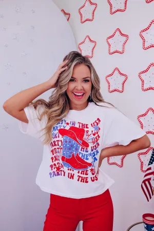 Party In The USA Cropped Graphic Tee - White