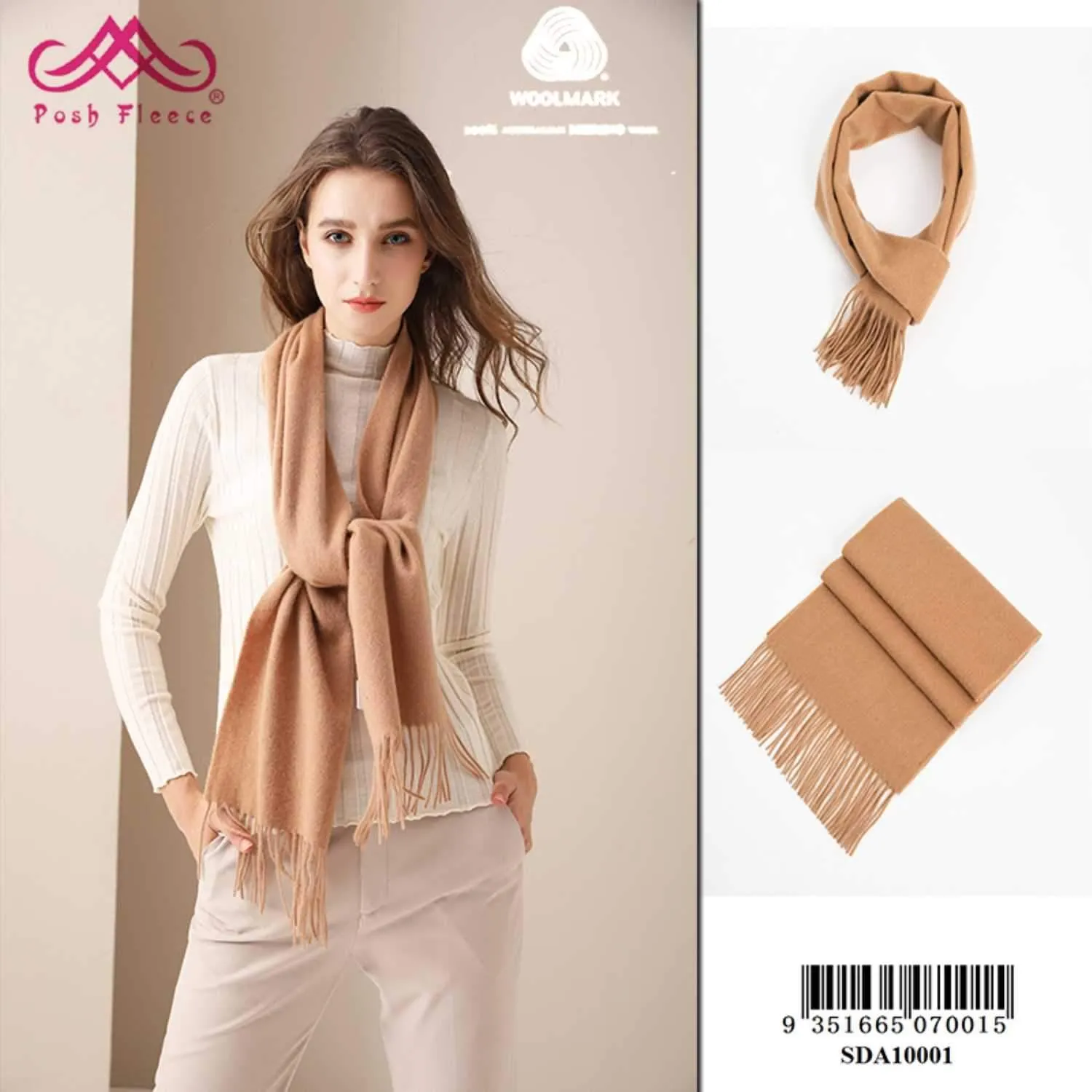 POSH FLEECE Pure Wool Scarf with Fringe Beige