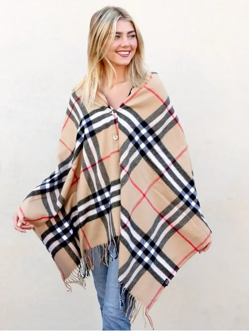 Ruana Plaid Blanket Scarf w/Buttons Women’s Large Shawl or Wrap Beige