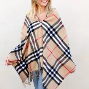 Ruana Plaid Blanket Scarf w/Buttons Women’s Large Shawl or Wrap Beige