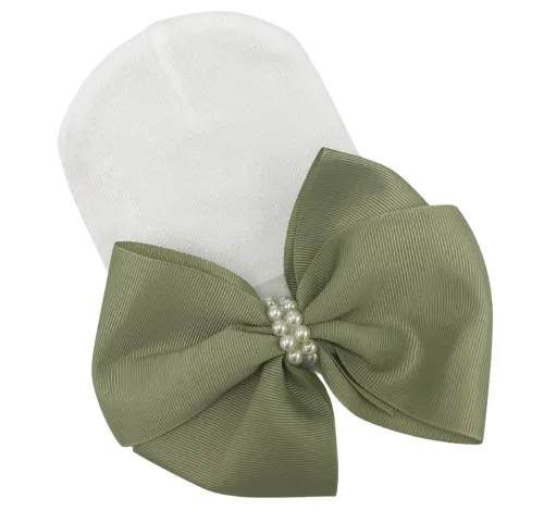 Sage Green Large Bow with Pearl Strand Center on WHITE HAT - Newborn Girl Bow Hospital Hat