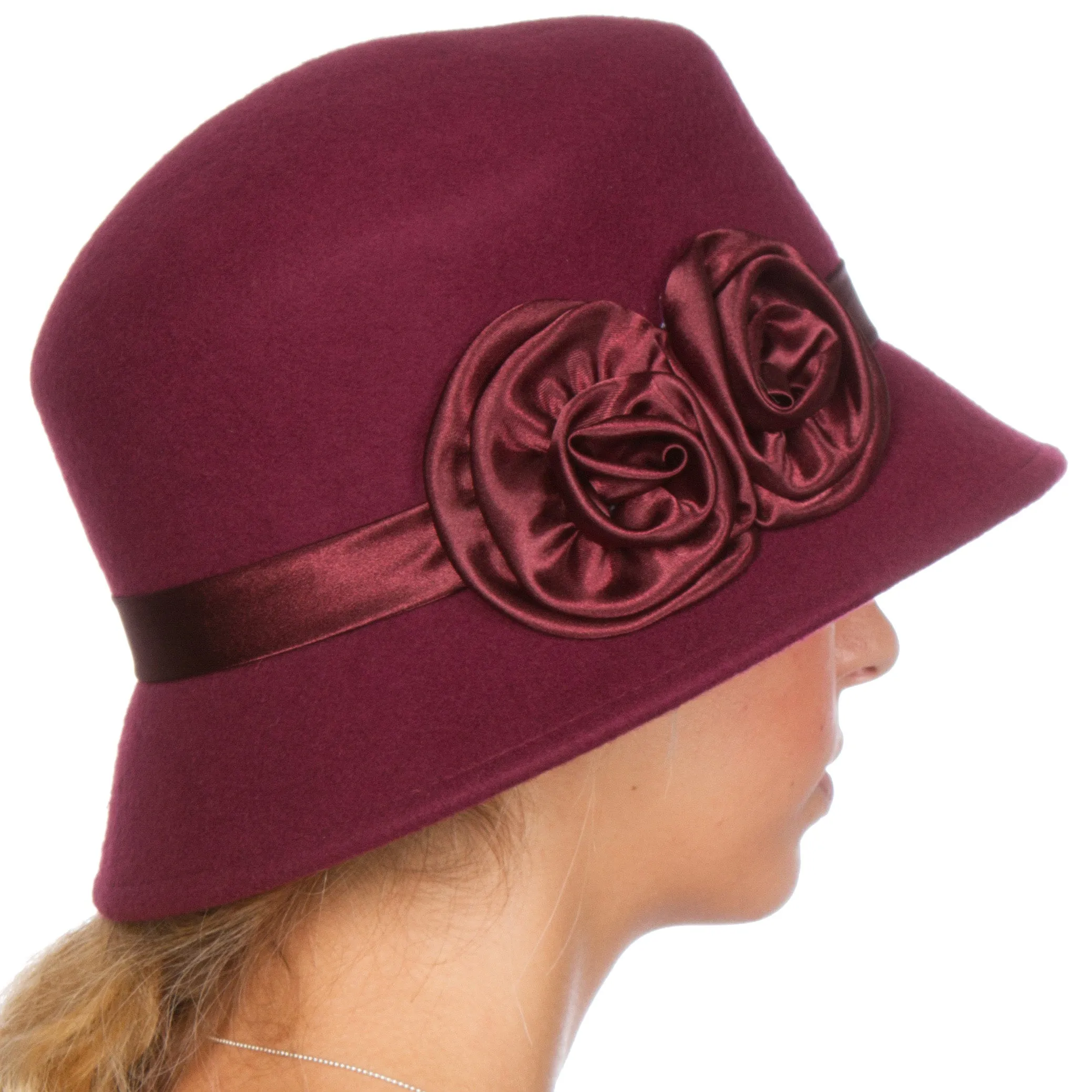 Sakkas Alice Satin Rose Vintage Style Wool Cloche Hat