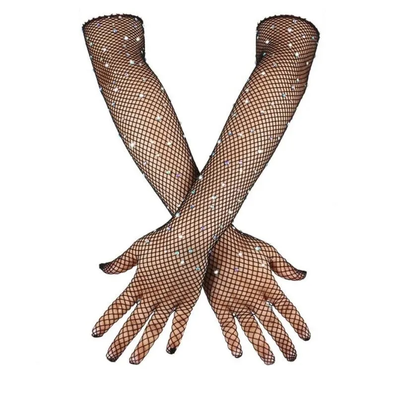 Sexy Cosplay Fishnet Rhinestone Long Gloves - Black