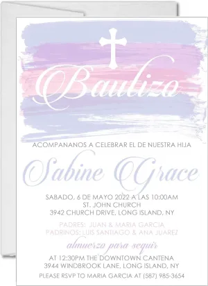 Spanish Pink And Lavender Watercolor Baptism Invitations