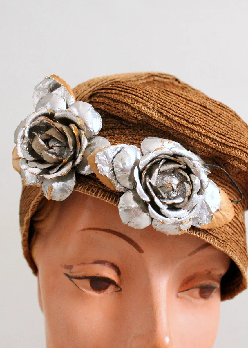 Vintage 1920s Golden Slouch Cloche Hat with Silver Flowers