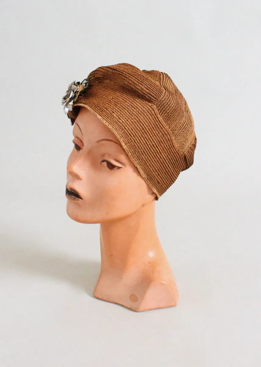 Vintage 1920s Golden Slouch Cloche Hat with Silver Flowers